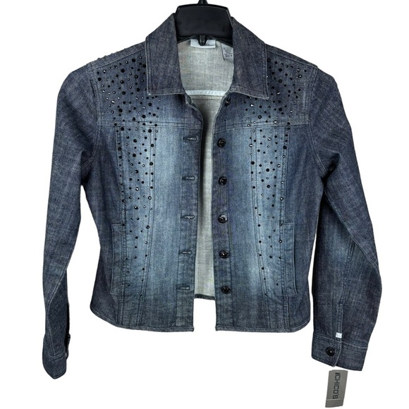 Chico’s Platinum Black Denim Distressed Jacket Black Rhinestones Size Small NEW - Picture 6 of 14